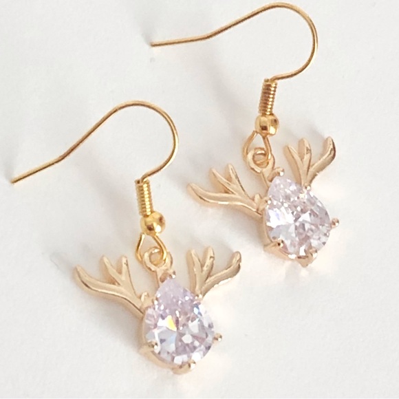 New Rhinestone Crystal Deer Stag Reindeer 18k gold plated hooks Sparkle Earrings - Picture 3 of 9
